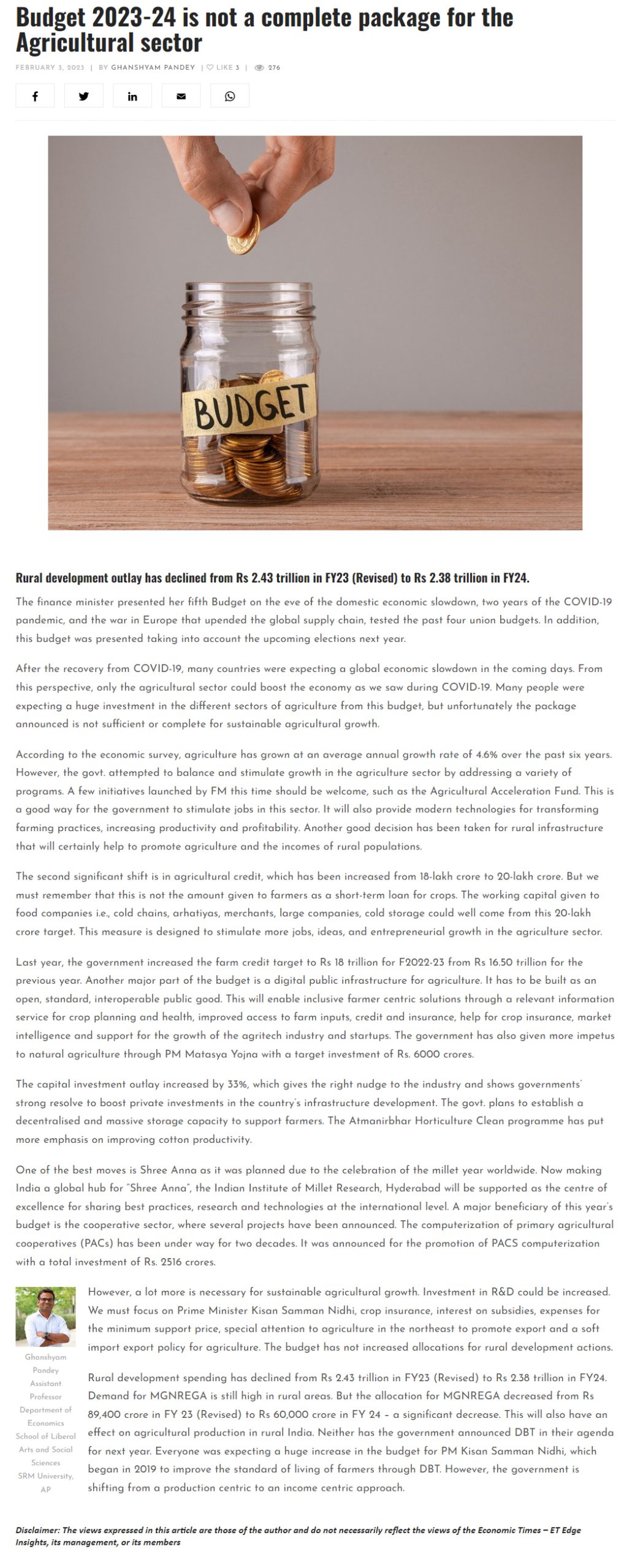 Budget 2023-24 is not a complete package for the Agricultural sector